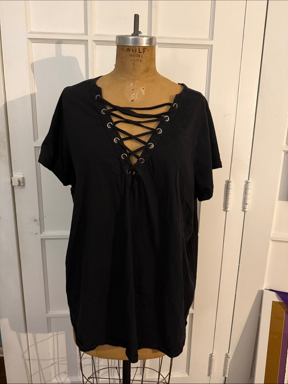 torrid Black Short-Sleeve Lace-Up V-Neck Tee